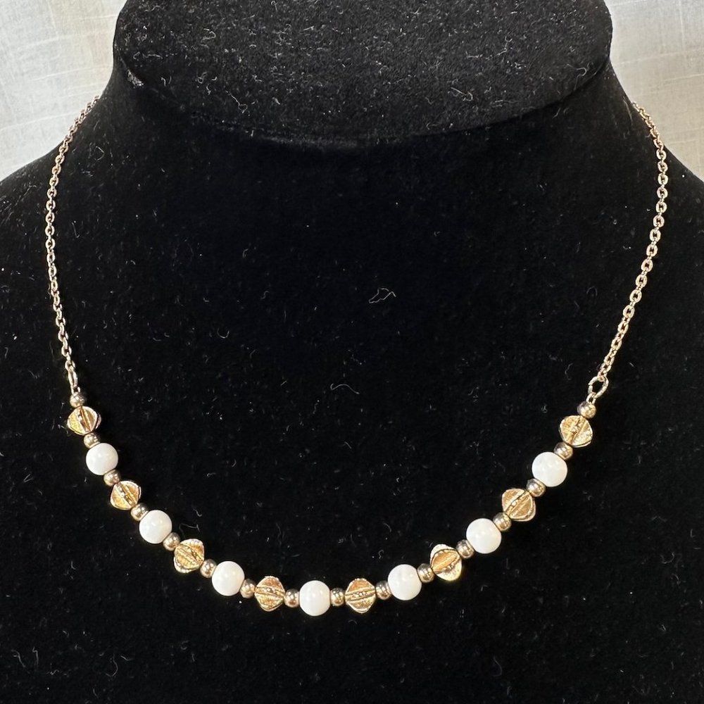 Vintage Sarah Coventry Gold Tone and White Beaded Necklace
